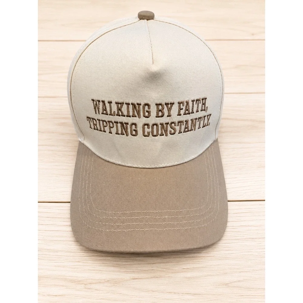 Zenana Walking By Faith Tripping Constantly Hat Cream Tan Embroidered Cap New